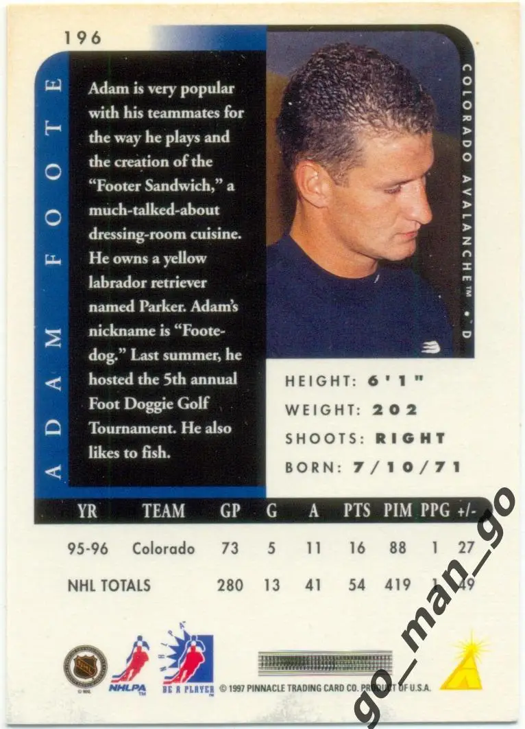 Adam Foote (Colorado Avalanche). Pinnacle Be a Player NHL 1996-1997, № 196. 1