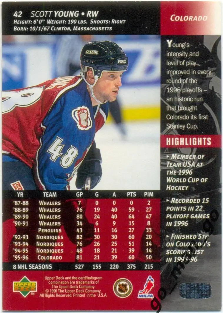 Scott Young (Colorado Avalanche). Upper Deck NHL 1996-1997, № 42. 1
