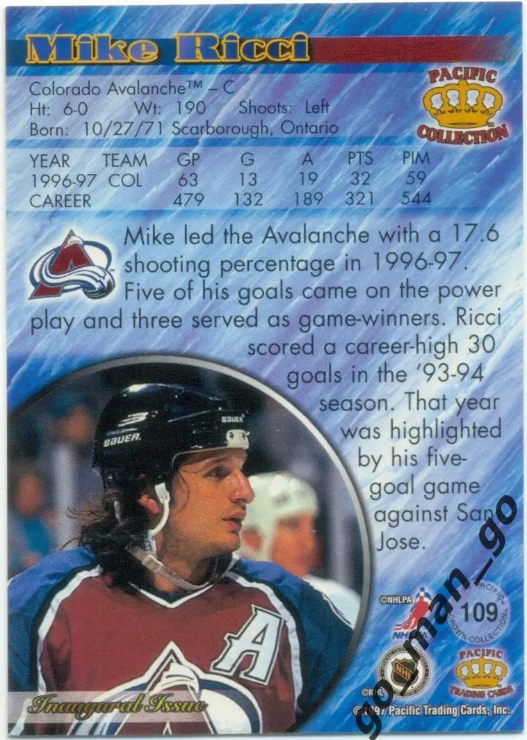 Mike Ricci (Colorado Avalanche). Pacific Crown Collection NHL 1997-1998, № 109. 1
