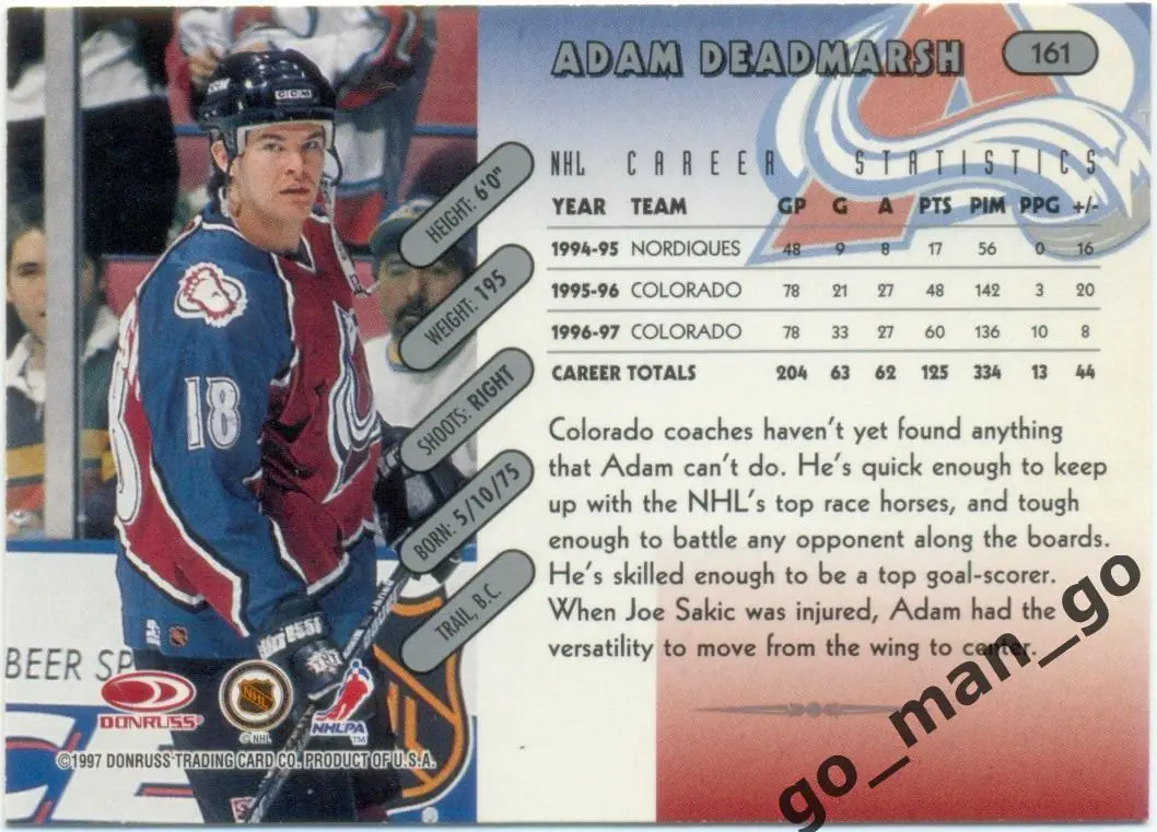 Adam Deadmarsh (Colorado Avalanche). Donruss NHL 1997-1998, № 161. 1
