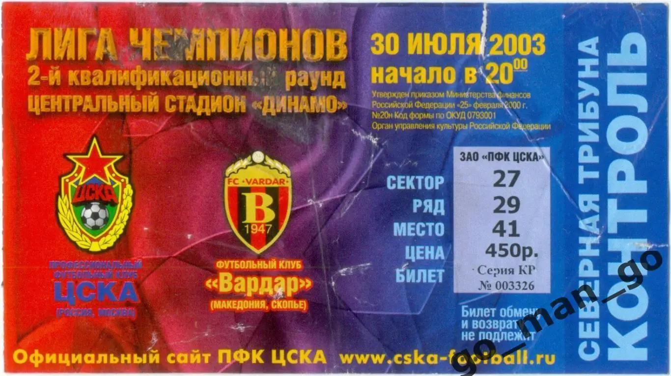 ЦСКА Москва – ВАРДАР Скопье 30.07.2003, Лига Чемпионов.