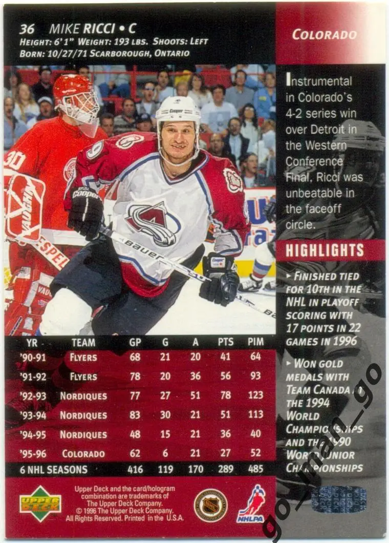 Mike Ricci (Colorado Avalanche). Upper Deck NHL 1996-1997, № 36. 1