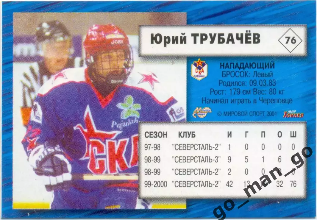 Юрий Трубачев (СКА Санкт-Петербург) Мировой спорт Российский хоккей 2000-2001 76 1