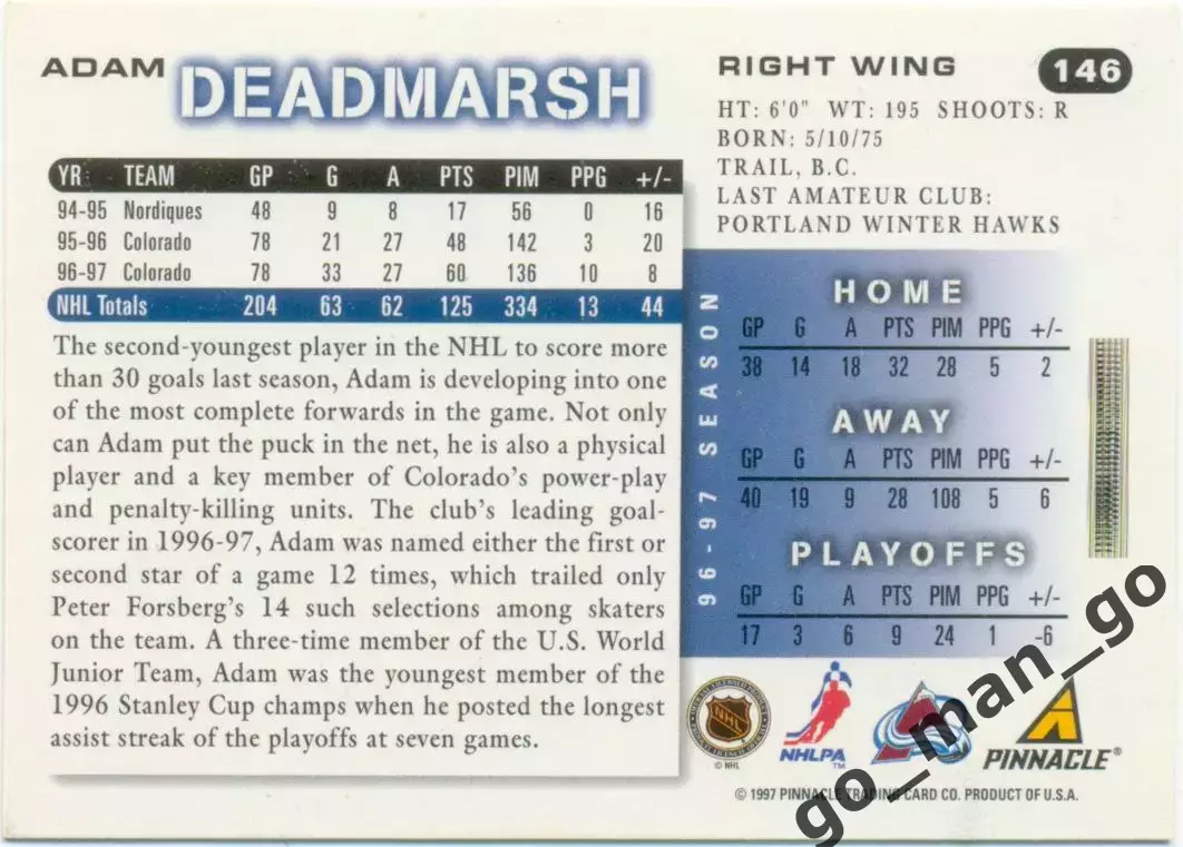 Adam Deadmarsh (Colorado Avalanche). Pinnacle Score NHL 1997-1998, № 146. 1