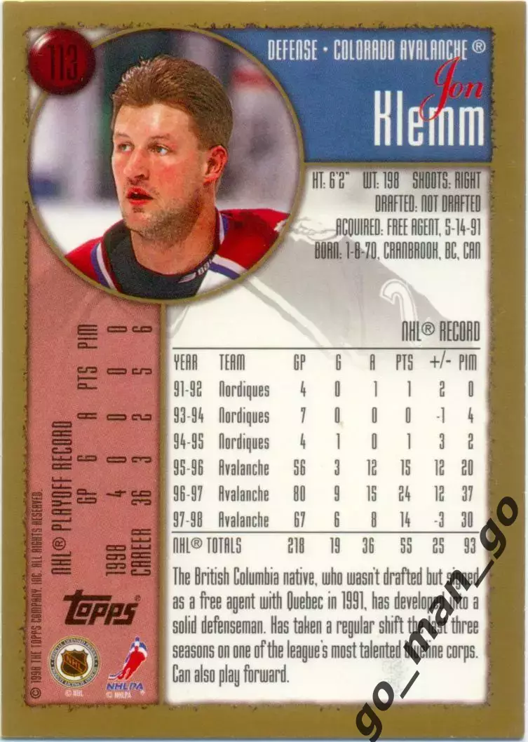 Jon Klemm (Colorado Avalanche). Topps O-Pee-Chee NHL 1998-1999, № 113. 1