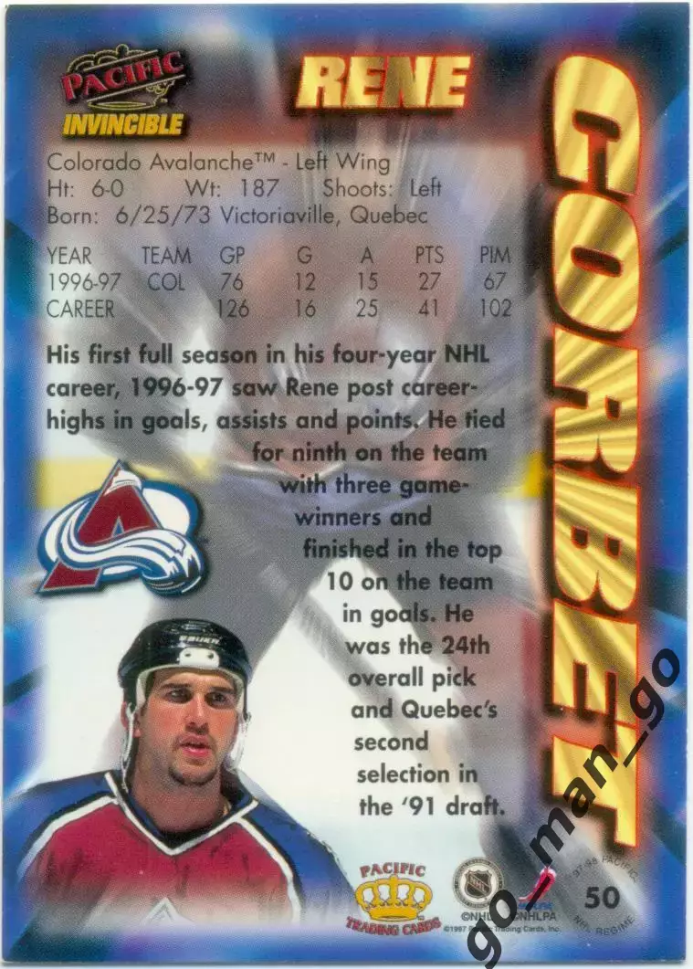 Rene Corbet (Colorado Avalanche). Pacific Invincible NHL 1997-1998, № 50. 1