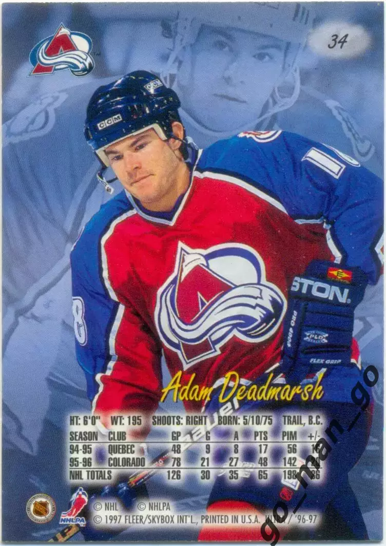 Adam Deadmarsh (Colorado Avalanche). Fleer Ultra NHL 1996-1997, № 34. 1
