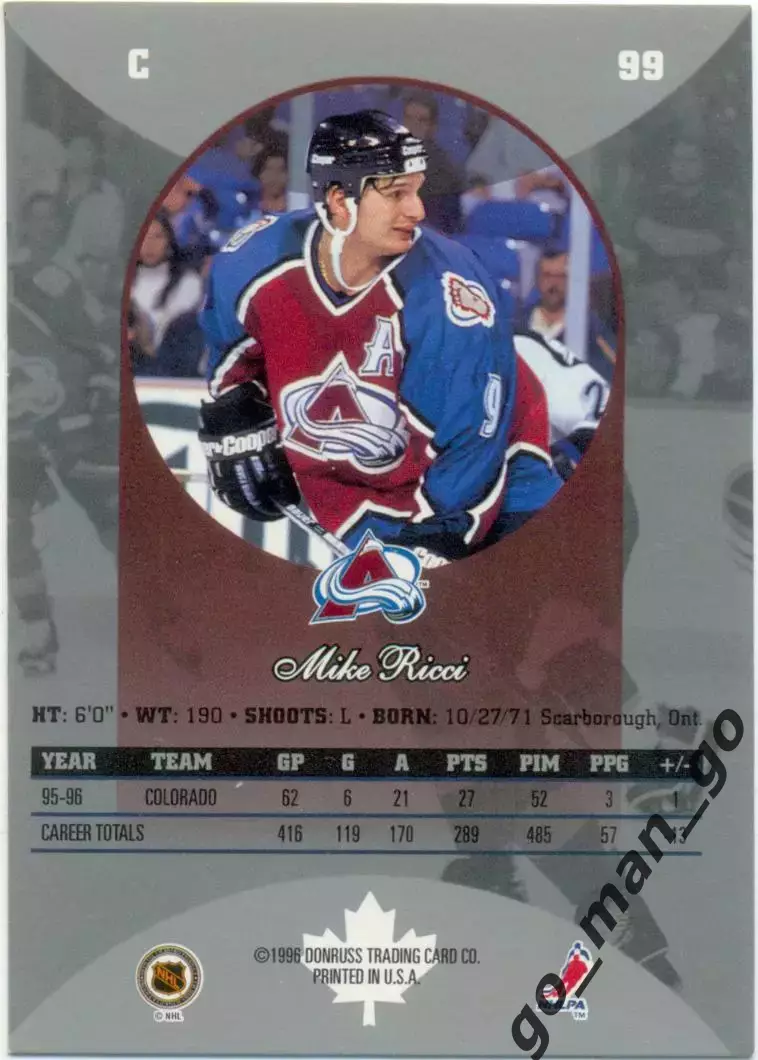 Mike Ricci (Colorado Avalanche). Donruss Canadian Ice NHL 1996-1997, № 99. 1