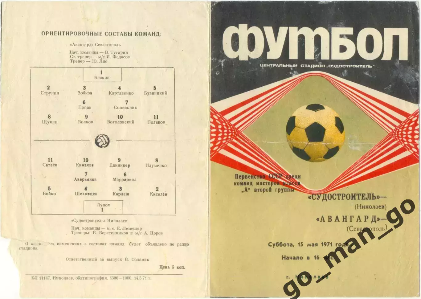 СУДОСТРОИТЕЛЬ Николаев – АВАНГАРД Севастополь 15.05.1971.