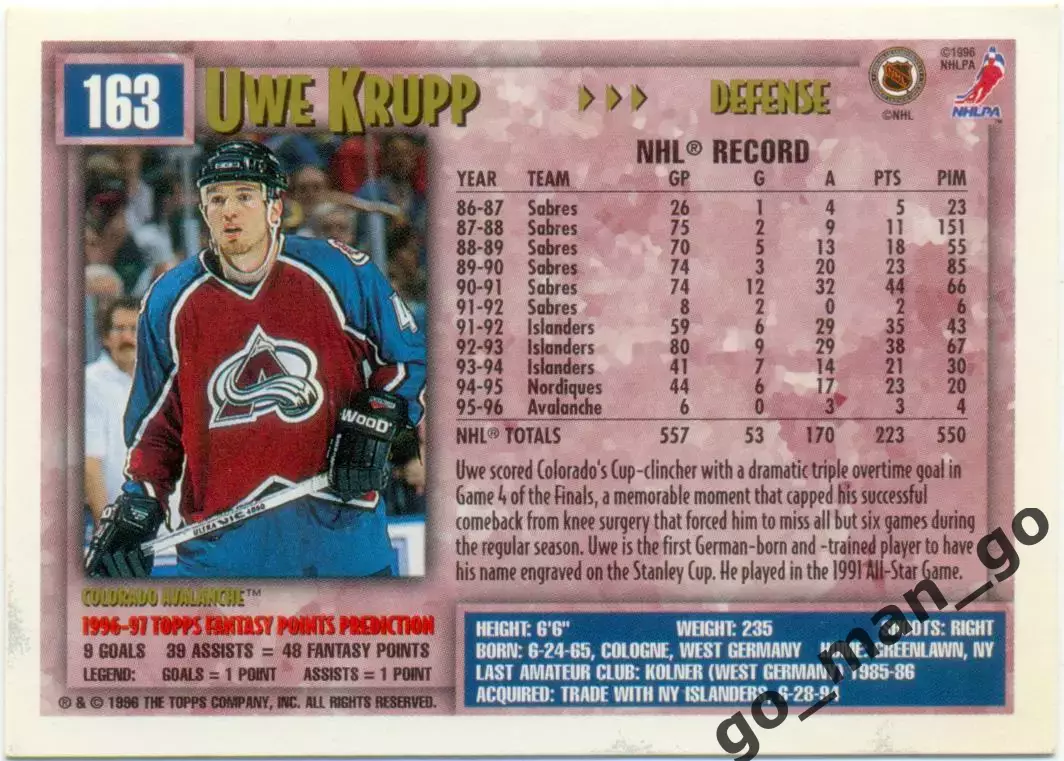 Uwe Krupp (Colorado Avalanche). Topps NHL Picks 1996-1997, № 163. 1