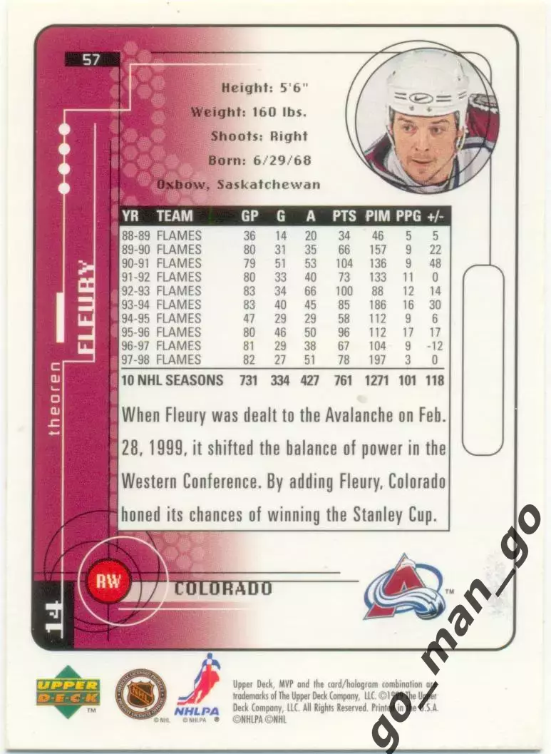 Theoren Fleury (Colorado Avalanche). Upper Deck MVP NHL 1999-2000, № 57. 1