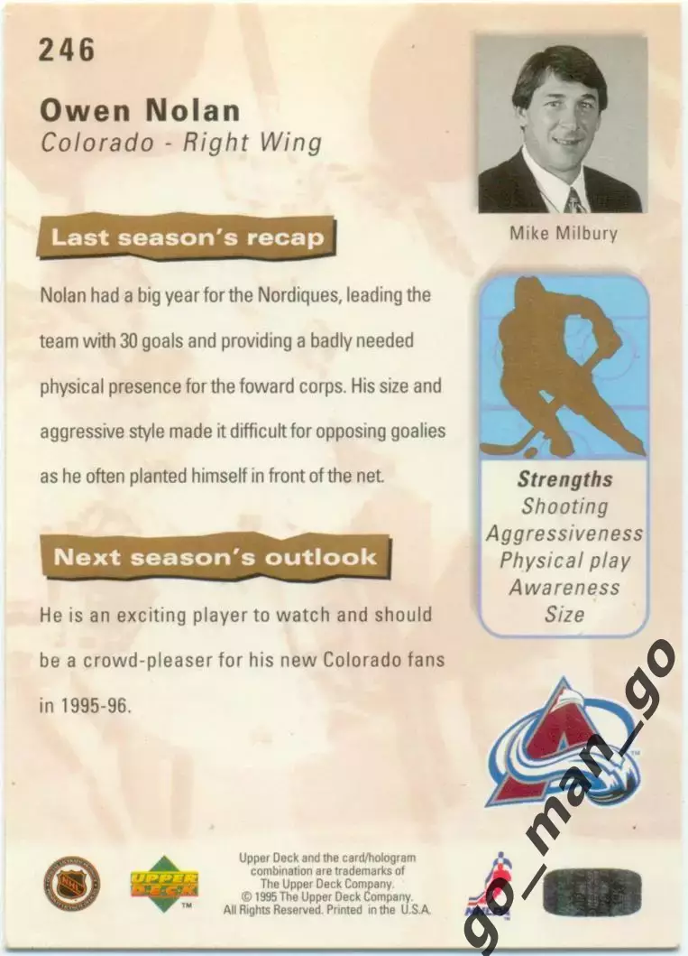 Owen Nolan (Colorado Avalanche). Upper Deck Scouting Report NHL 1995-1996, № 246 1