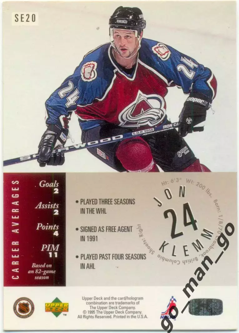 Jon Klemm (Colorado Avalanche). Upper Deck Special Edition NHL 1995-1996, № SE20 1