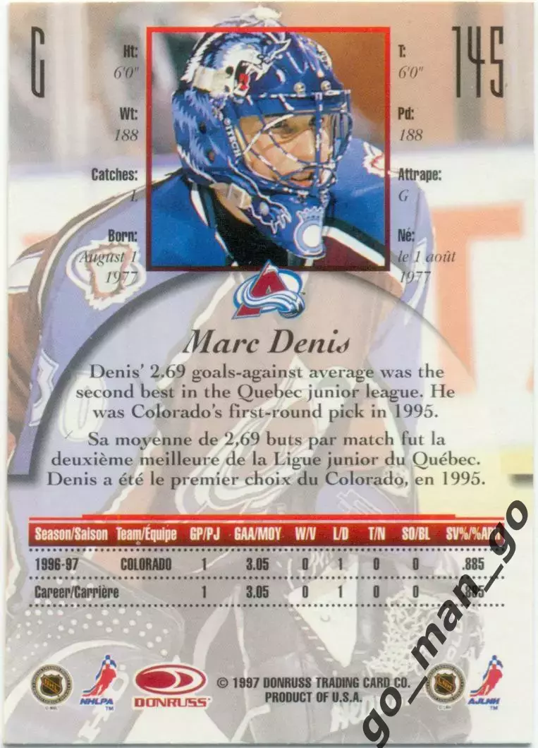 Marc Denis (Colorado Avalanche). Donruss Canadian Ice NHL 1997-1998 № 145 Rookie 1
