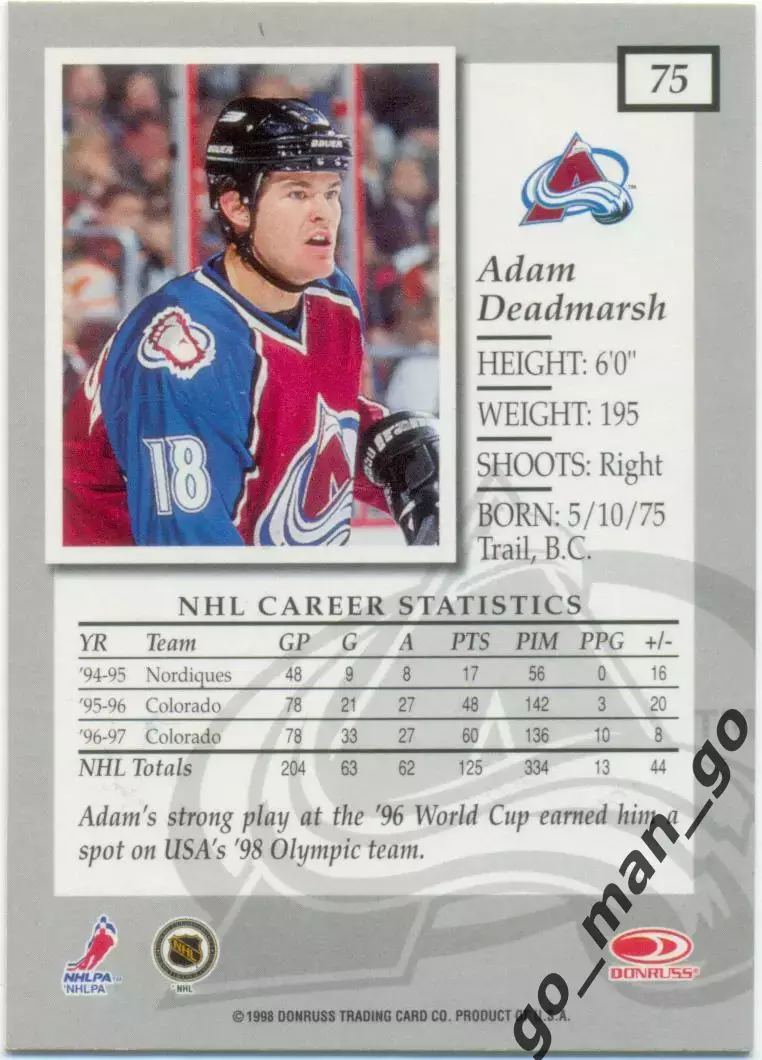 Adam Deadmarsh (Colorado Avalanche). Donruss Elite NHL 1997-1998, № 75. 1