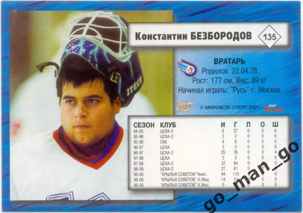 Константин Безбородов (Крылья Советов) Мировой спорт Российский хоккей 2000-2001 1