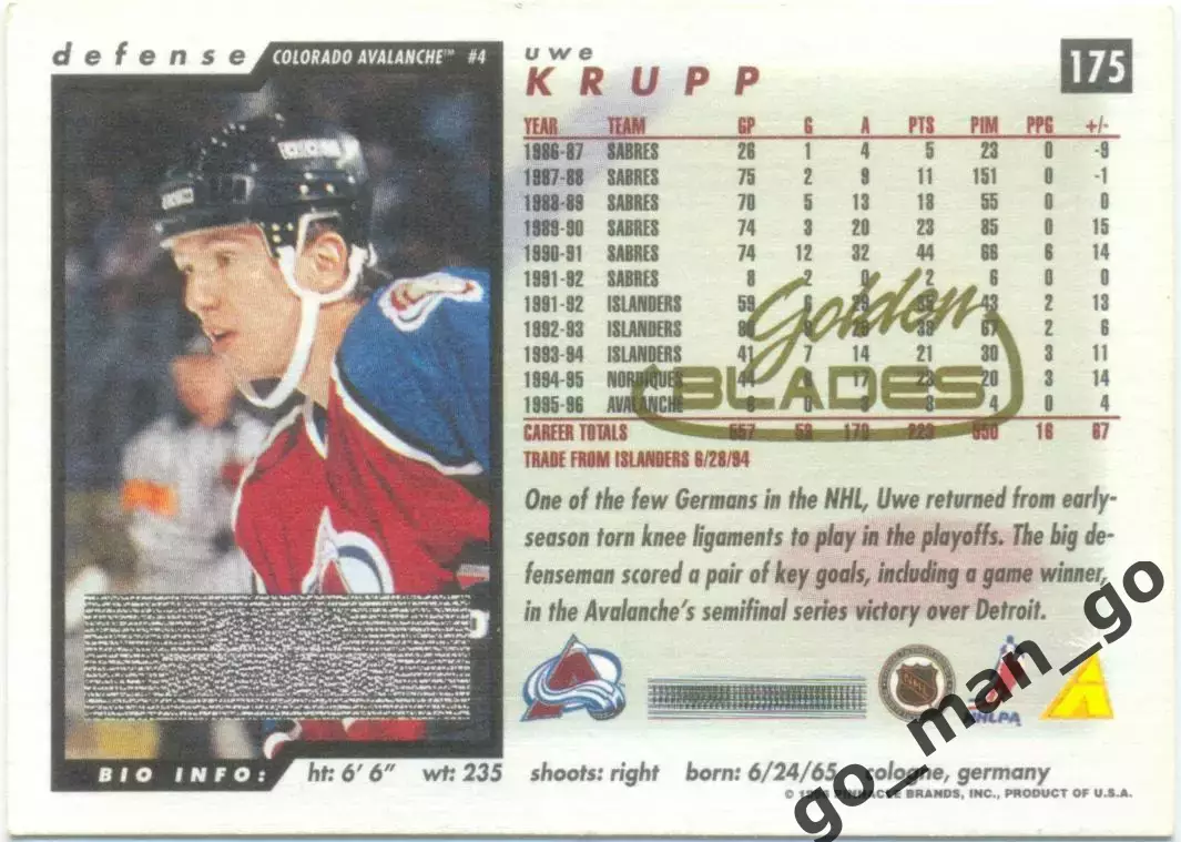 Uwe Krupp (Colorado Avalanche). Score Golden Blades NHL 1996-1997. № 175. 1