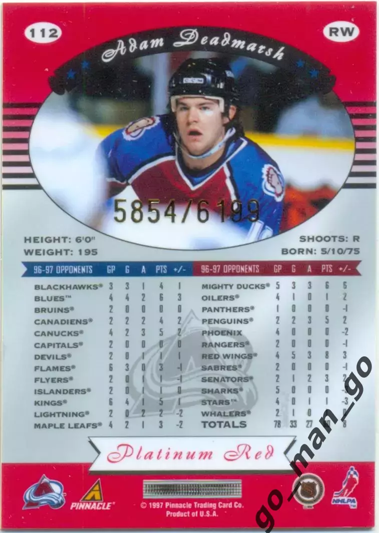 Adam Deadmarsh (Colorado). Pinnacle Totally Certified Platinum Red 1997-1998 112 1