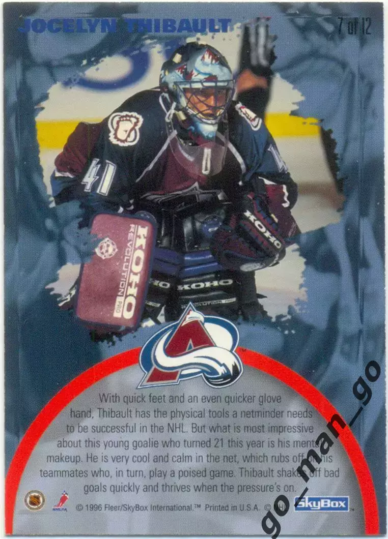 Jocelyn Thibault (Colorado Avalanche) SkyBox Impact Deflectors NHL 1995-1996 № 7 1