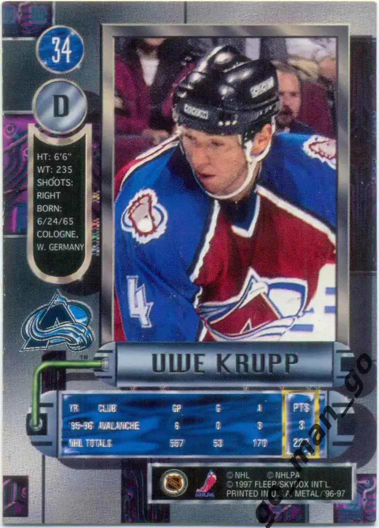Uwe Krupp (Colorado Avalanche). Fleer Metal Universe NHL 1996-1997, № 34. 1