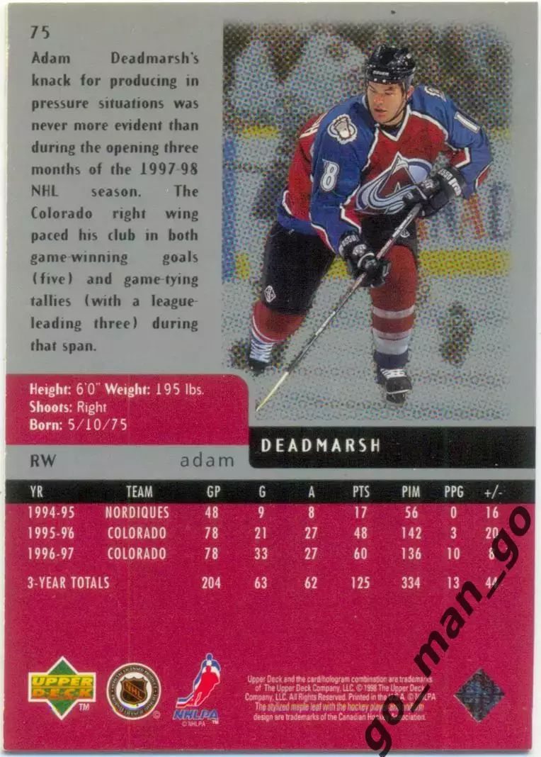 Adam Deadmarsh (Colorado Avalanche). Upper Deck Black Diamond NHL 1997-1998 № 75 1