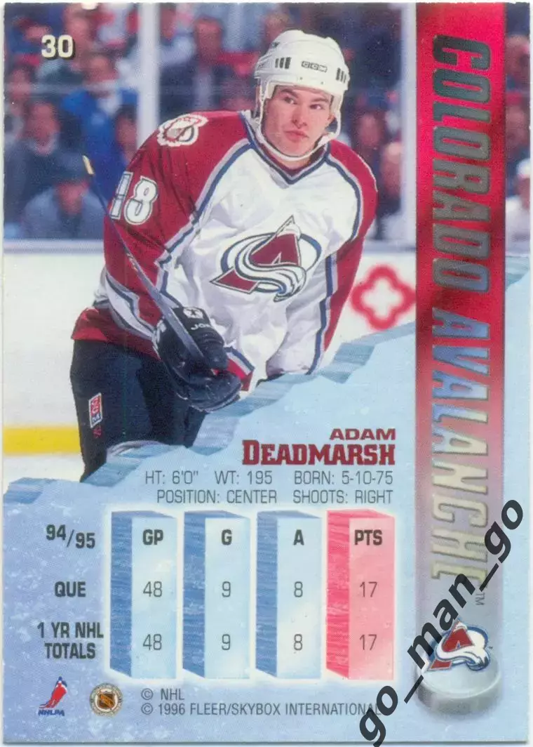Adam Deadmarsh (Colorado Avalanche). Fleer Metal NHL 1995-1996, № 30. 1