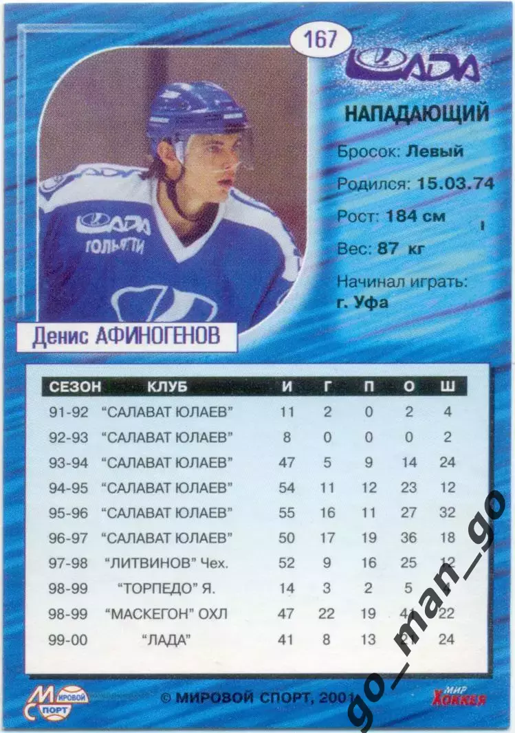 Денис Афиногенов (Лада Тольятти) Мировой спорт Российский хоккей 2000-2001 № 167 1